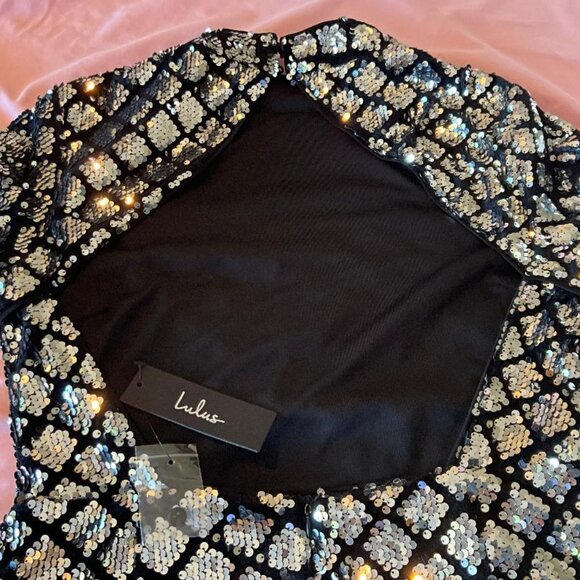 LULU'S Silver Sequin & Black Velvet Backless Bodycon Mini Dress NWT Size L - Picture 9 of 9